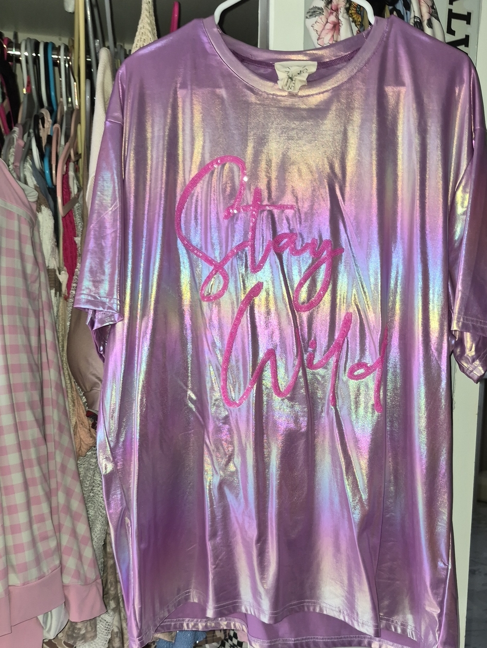 Fantastic Fawn Iridescent Lavender Pink "Stay Wild" Tee Shirt Size Large Nwot